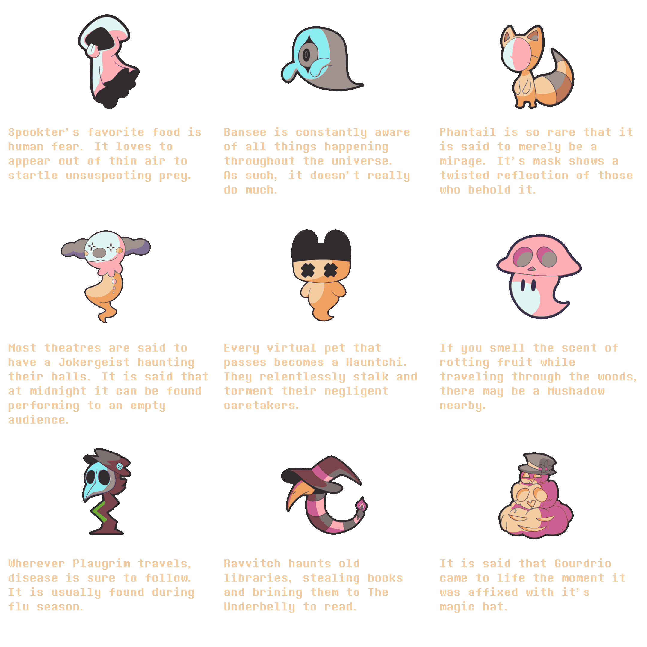 Ghostie Goos Almanac, page 1 of 8: creature illustrations and descriptions
