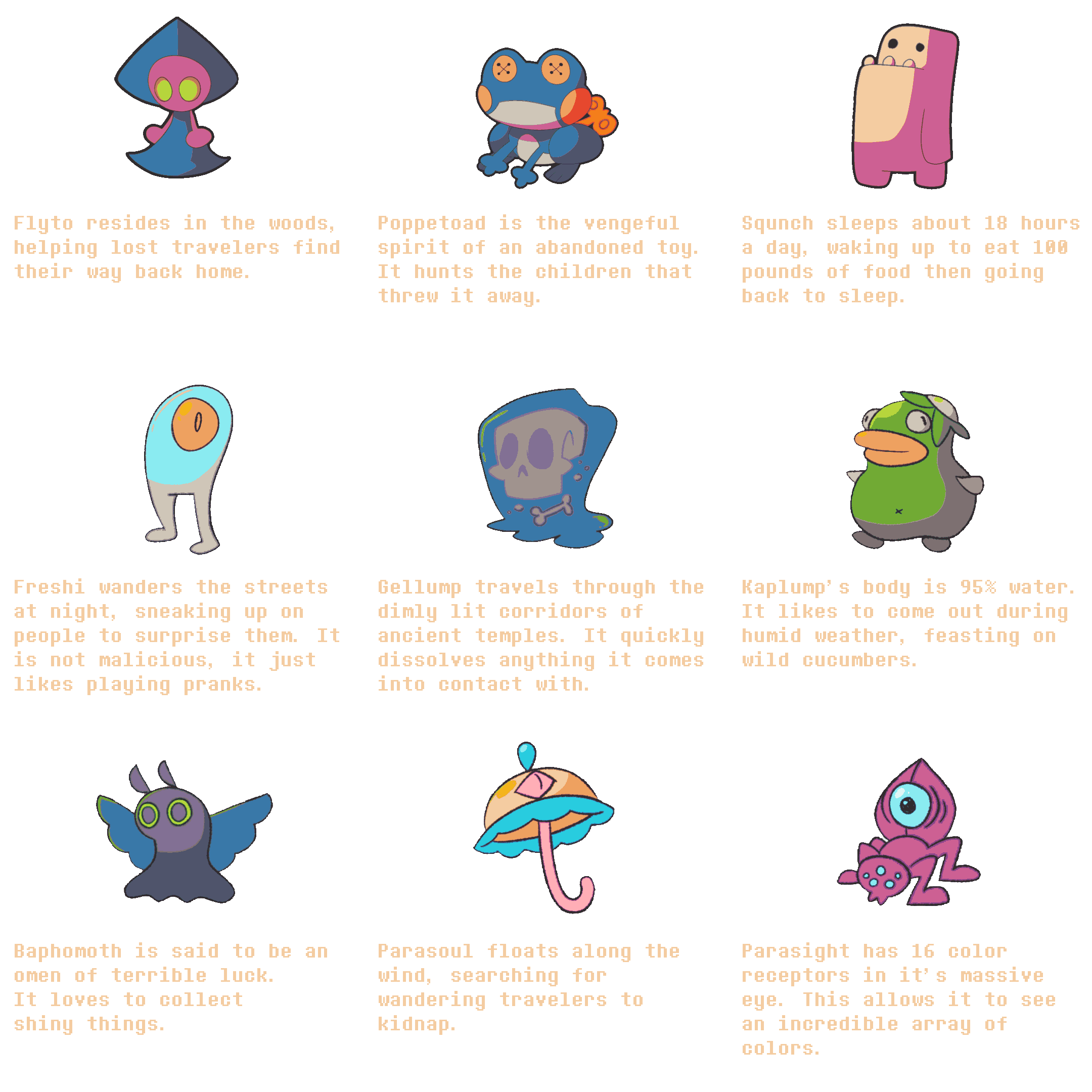 Ghostie Goos Almanac, page 2 of 8: creature illustrations and descriptions