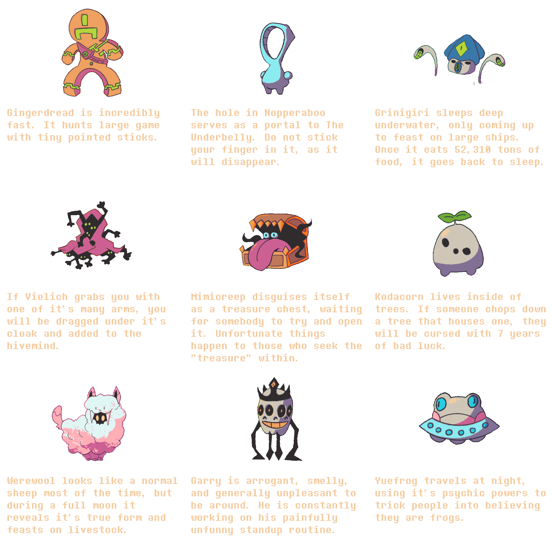 Ghostie Goos Almanac, page 3 of 8: creature illustrations and descriptions