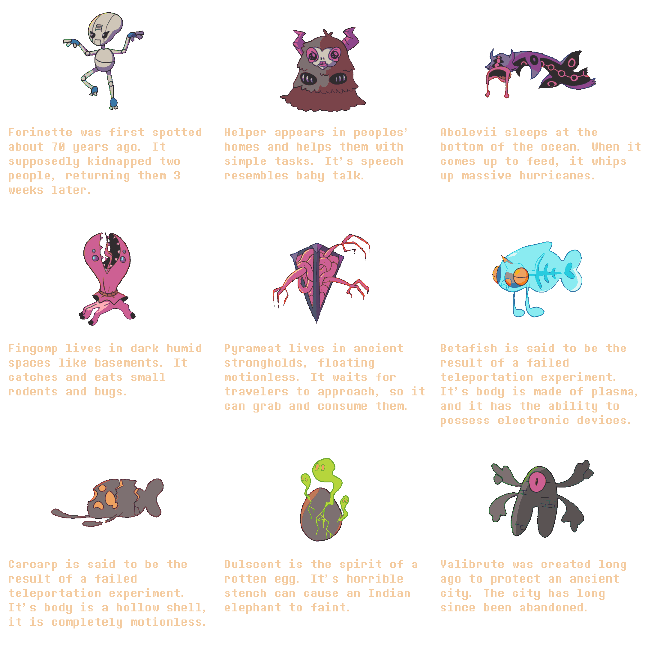 Ghostie Goos Almanac, page 4 of 8: creature illustrations and descriptions
