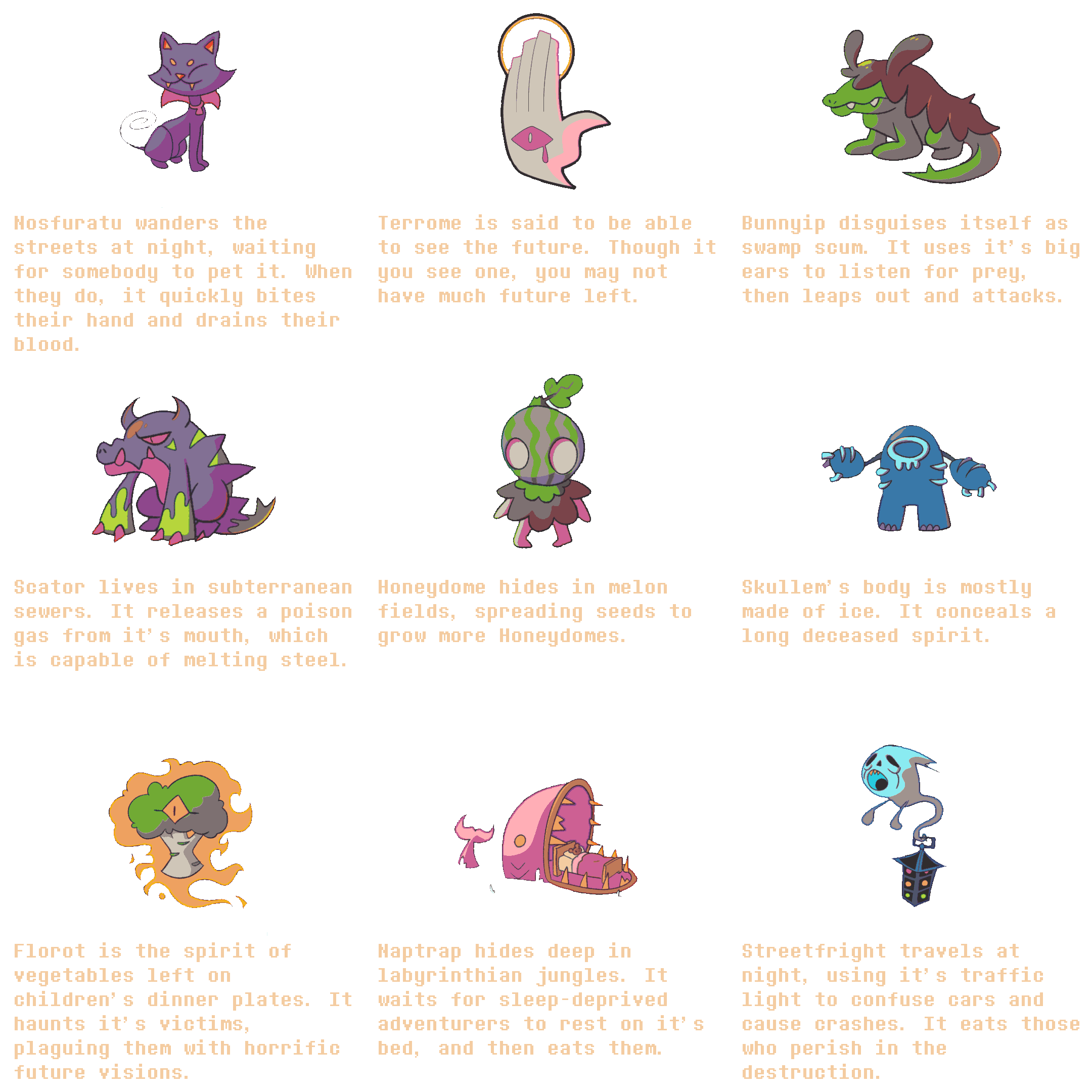 Ghostie Goos Almanac, page 6 of 8: creature illustrations and descriptions