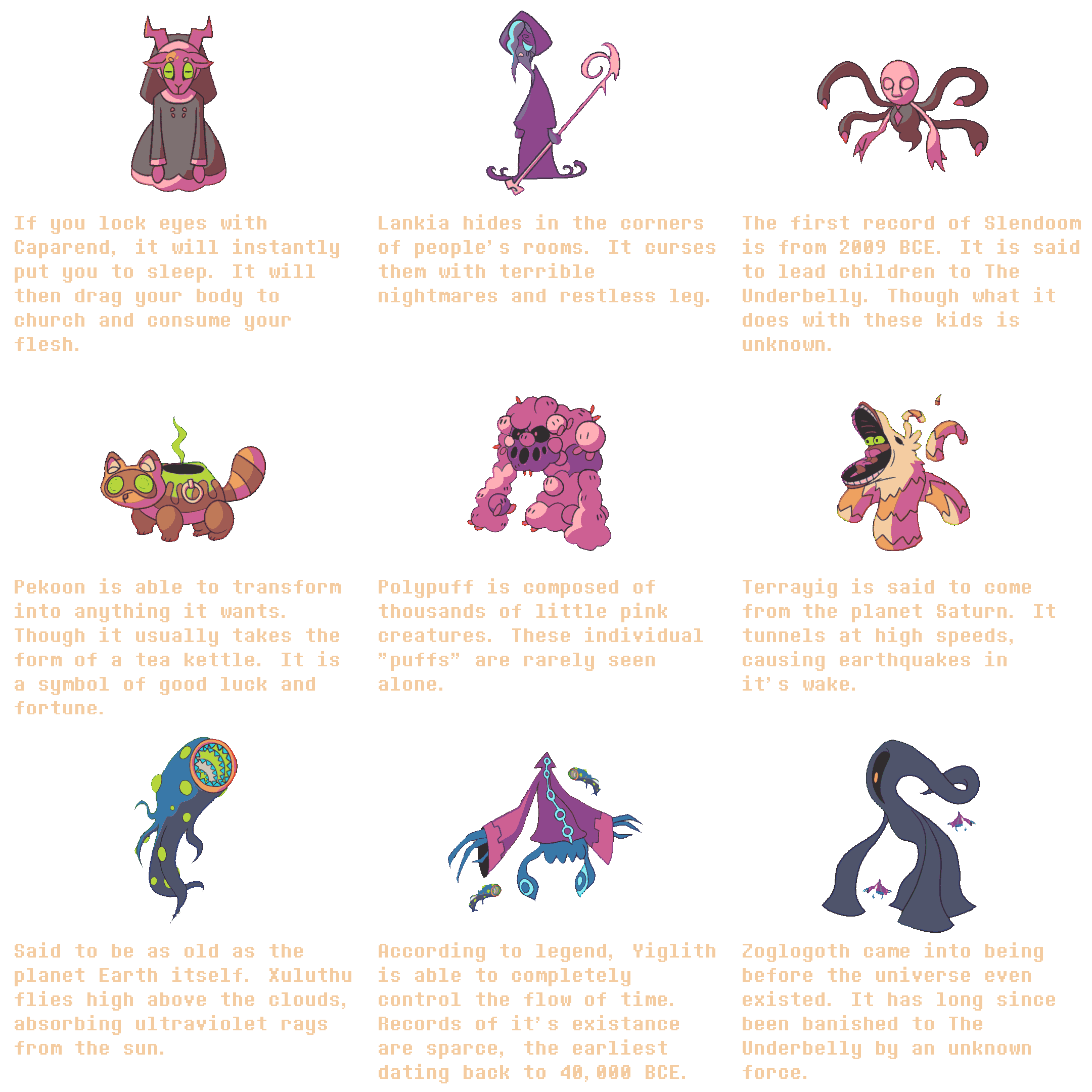 Ghostie Goos Almanac, page 8 of 8: creature illustrations and descriptions